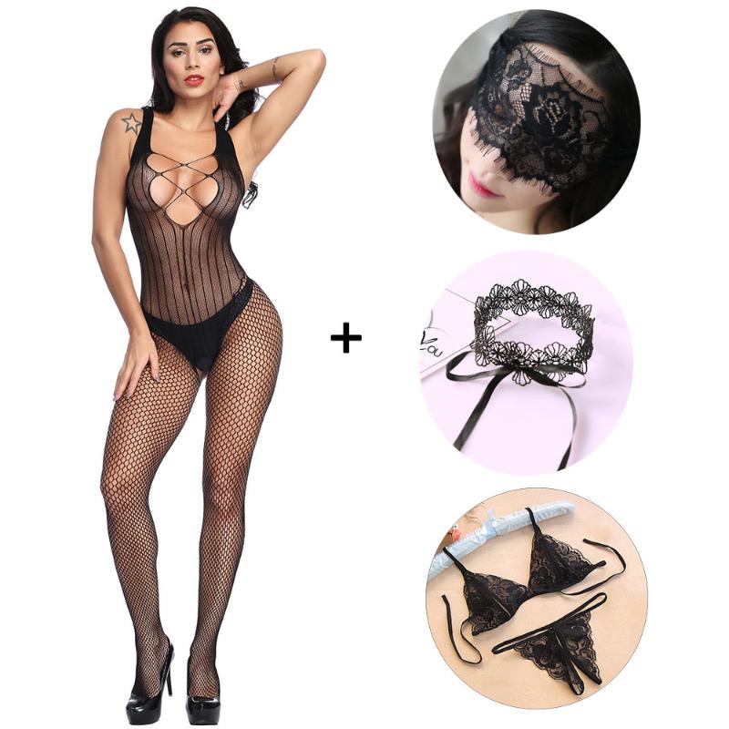 

5 PCS Sexy Women Fishnet Open Crotch Bodystockings Mesh Black Lingerie Erotic Bodysuit Sleepwear Crotchless Teddies Underwear