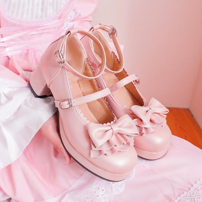 

Womens Lolita Round Toe Bowknot Mary Janes Kawaii Cosplay Block High Heel Shoes Plus Size Cross-strap 6Colors V005, Beige