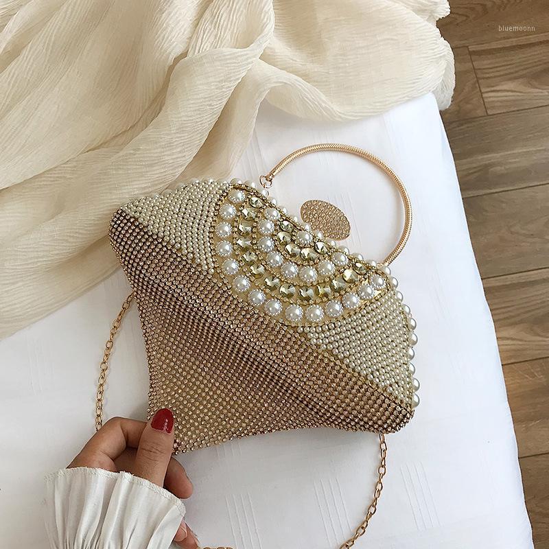 

2020 New Luxury Fashion Pearl Diamond Women Handbag Chain Tassel Metal Handle Tote Bag Shoulder Messenger Bag Party Clutch1, Gold
