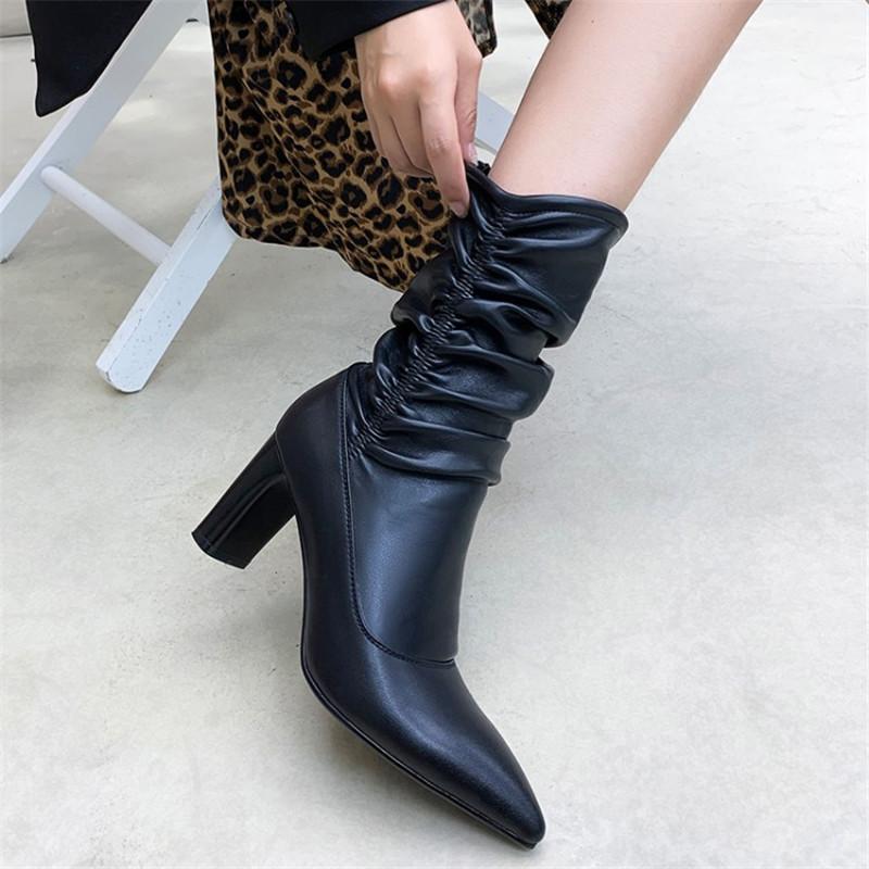 

PXELENA Luxury Celebrity Genuine Leather Pleated Mid Calf Boots High Heels Autumn Spring 2021 Shoes Party Evening Dress Boots 39, Beige