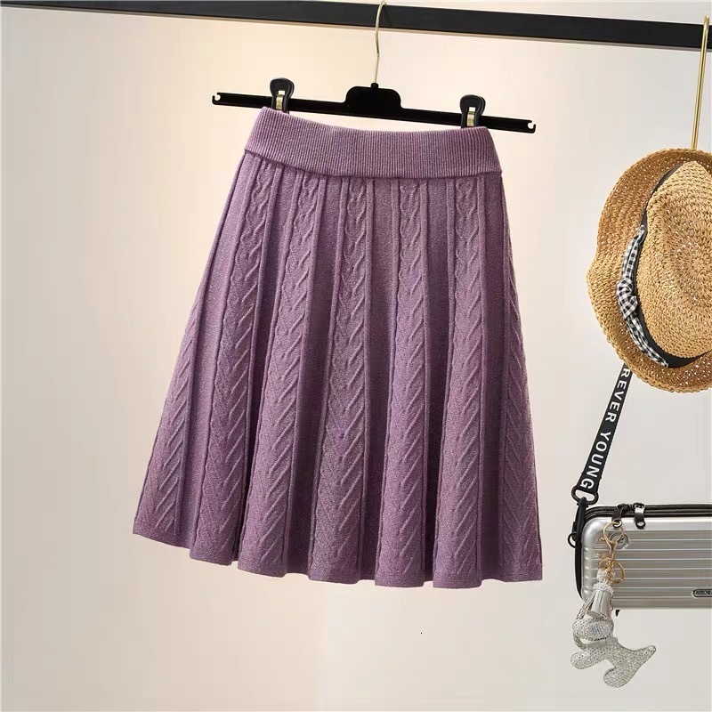 

2021 New Bling Shiny A-line Midi Female Autumn Winter Mid-length Black Pleated Elegant Skirt Women 0411, Purple-50cm