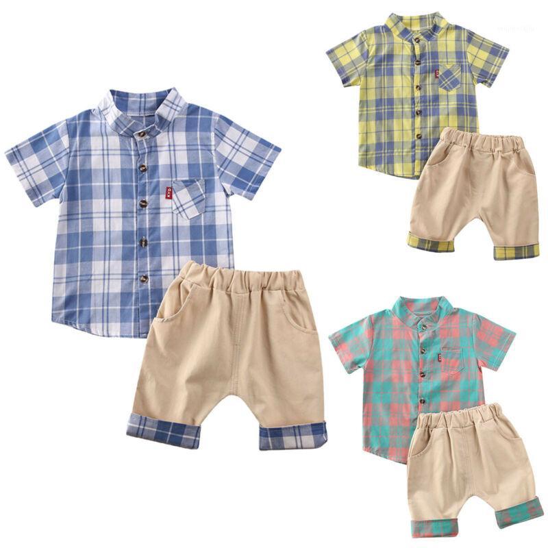 

0-3Y Summer Toddler Baby Boy Outfits Clothes Sets 2pcs Plaid Print Tops Shirt Shorts Pants Gentleman Party Suit1, Blue