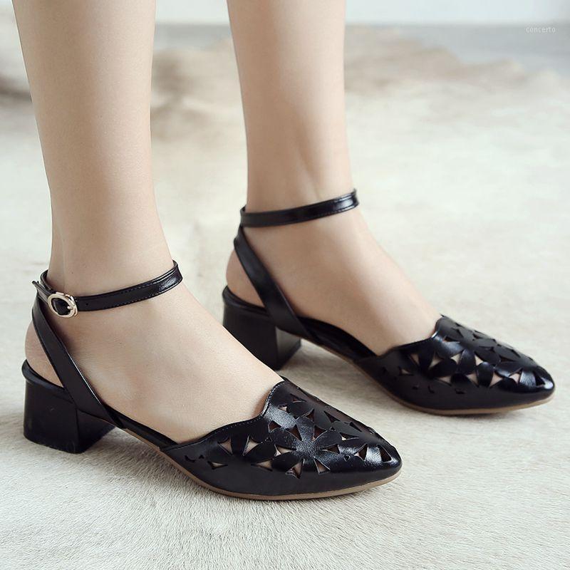 

AGODOR 2020 Cut Out Women Pumps Fashion Pointed Toe Dorsay Ankle Strap Pumps Mid Square Heel Summer Ladies Size 34-431, White