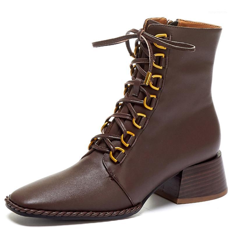 

High Quality Ankle Boots Women Sheepskin Genuine Leather Zip Lace-up Square Toe High Heel Lady Boots Handmade Heels 5CM1, Brown