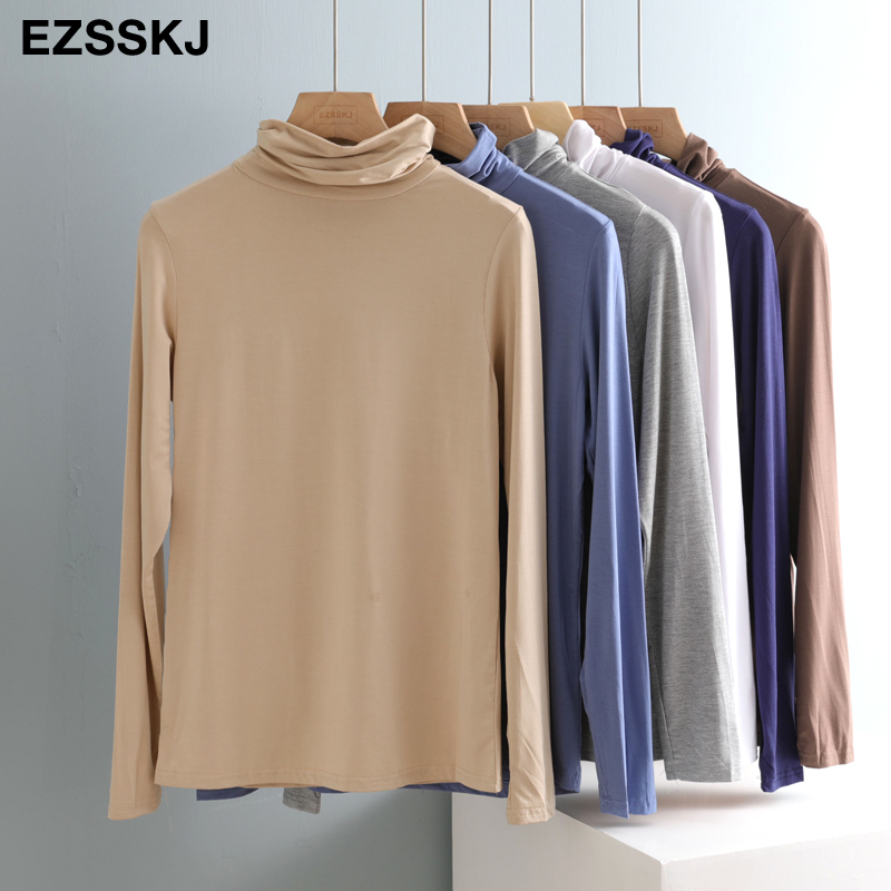 

autumn winter bottom cotton long sleeve high-neck T Shirt Women casual slim basic T shirt solid Color Tee top Female top 201125, Blue