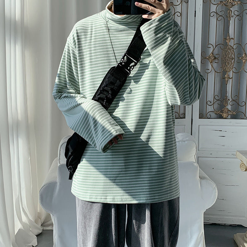 

Manly 2021 Long Shirt Spring New Striped Fall, Turtleneck High Male and Female Pullovers Teenagers M4Y0, Gray.