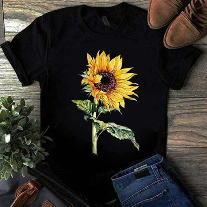 

European and American sunflower T-shirt personality pattern simple short sleeve sunflower sunflower men and women trend T-shirt, White