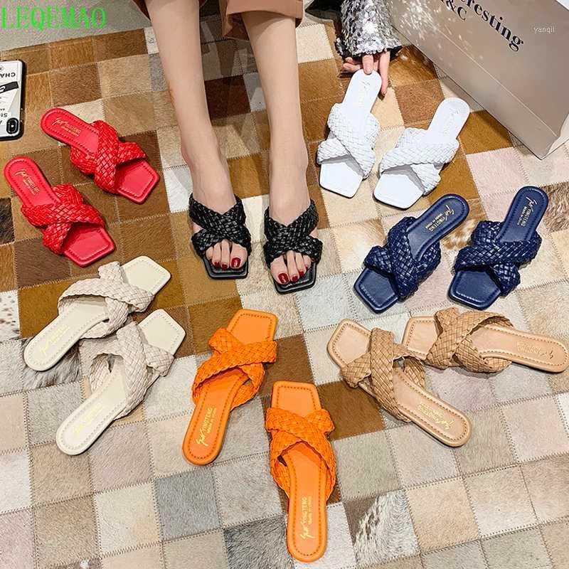 

2020 Newest Women Slides Square Toe Weave Flat Slippers Summer Outdoor Slipper Women Beach Sandals1, Blue