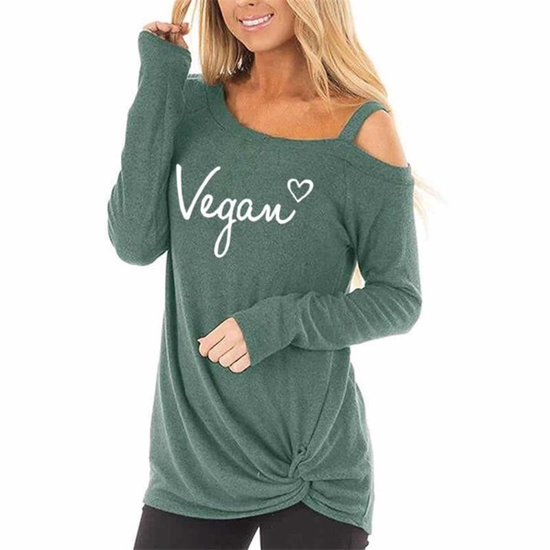 

Fashion Long Sleeve Oblique Shoulder T-shirt For Vegan Letters Print Plus Women Tumblr Size Streetwear Y200109, Green