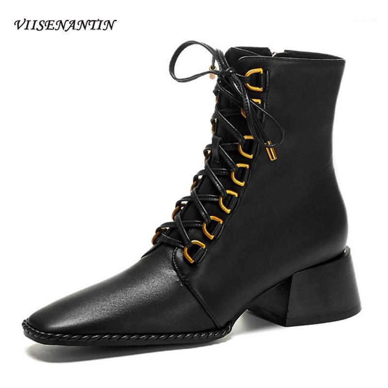 

Retro Ins Mid-heel Autumn / Winter Cross-tied Genuine Leather Square Toe Thick Heel Fashion Short Boots Metal Decro Shoes Women1, Black