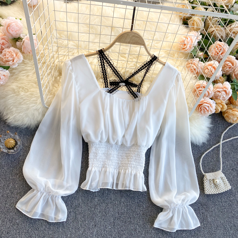

2021 New Female solid chiffon thin spring turtleneck puff short tops elastic bow ruched blushes 6G8K, White