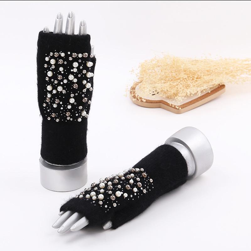 

Five Fingers Gloves Fingerless Women Wool Winter Knit Fur Pearl Beaded Female Autumn Mitten Half Finger Warm Rhinestone1