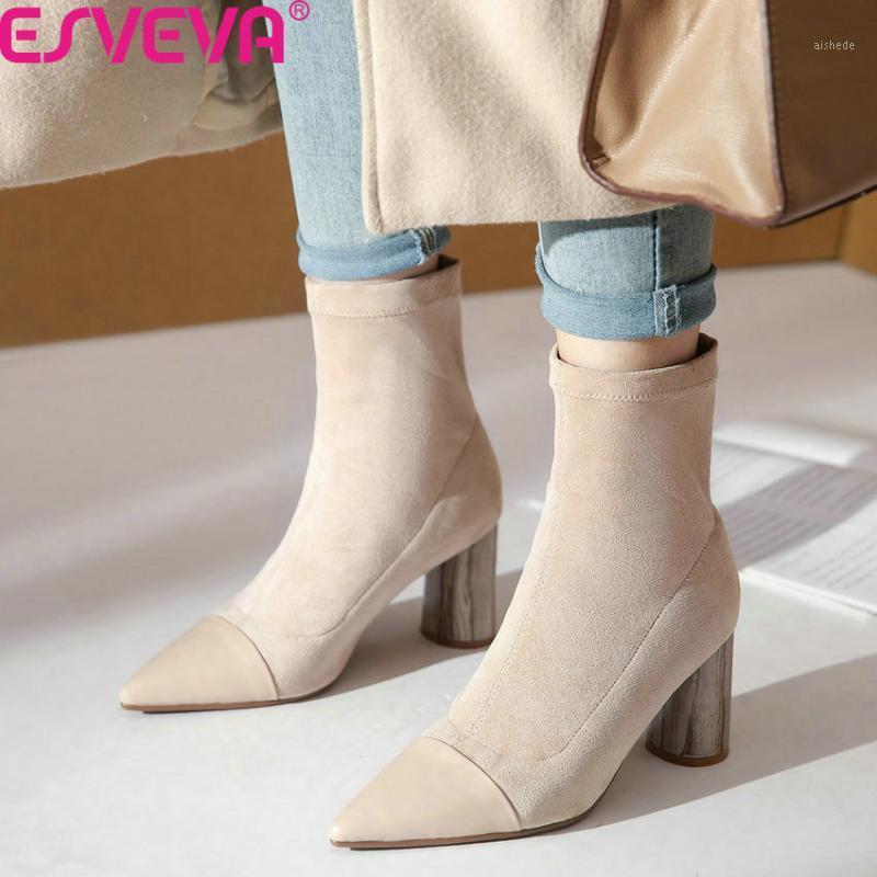 

ESVEVA 2020 Fashion Pointed Toe Square Heel Slip on Women Shoes Autumn Winter Cow Leather Flock All Match Ankle Boots Size 34-391, Black