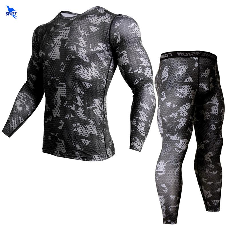 

2PCS Camouflage 3D Long Sleeve T-Shirt+Tights Running Set Men Quick Dry Jogging Suits Gym Fitness Sportswear Compression Uniform, C1