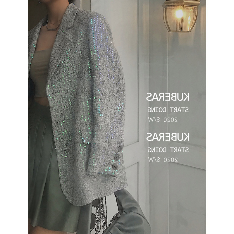 

Blingbling Colored Sequins Loose Western Style Ladies'suit Autumn Chess Luxury Blazer Wear Alaj, Colorful gray-green.