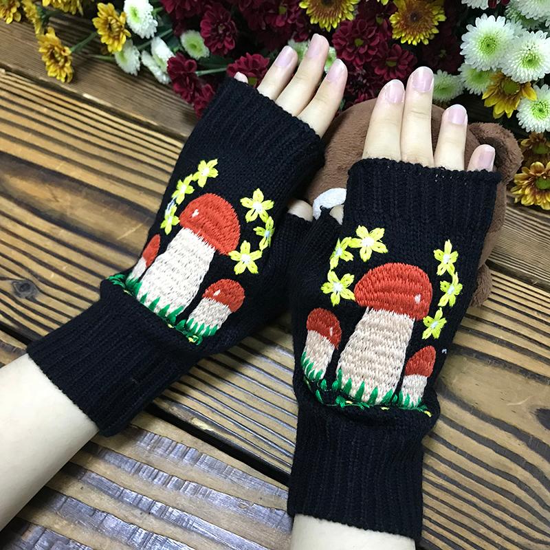 

New Women's Autumn Knitted Handmade Embroidery Gloves Embroidered Mushroom Flowers Mid Long Half Finger Warm Wool Winter Gloves