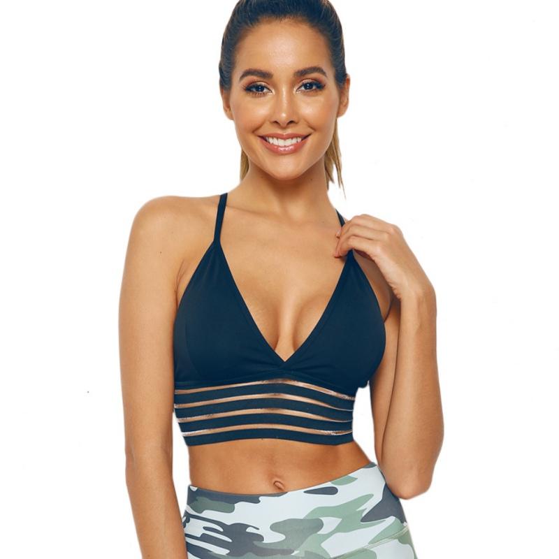 

Yoga Bra Solid Color Sexy Striped Stitching Elastic Breathable Bra Fitness Running Yoga Sports n, Black