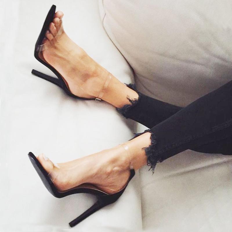 

Europe and the United States 2021 summer new word with stiletto heels black transparent toe sandals female tide open toe shoes, Black add velvet 10