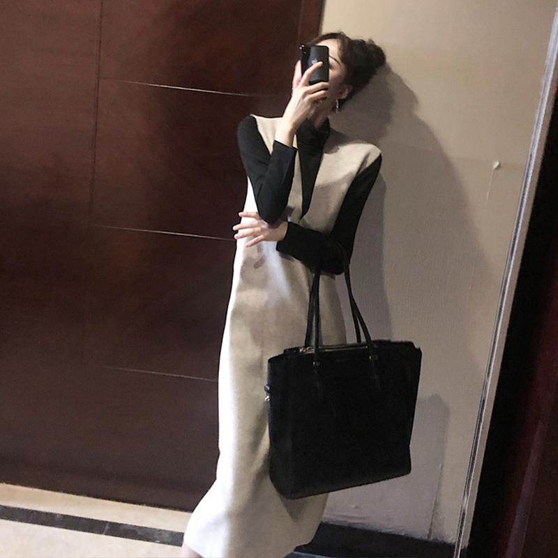 

Warm Sweater Women Autumn Dress Winter suit Long Sweater Knitted Dresses Long loose Maxi Oversize Dresses Bodycon Robe Vestidos, Black t white vest