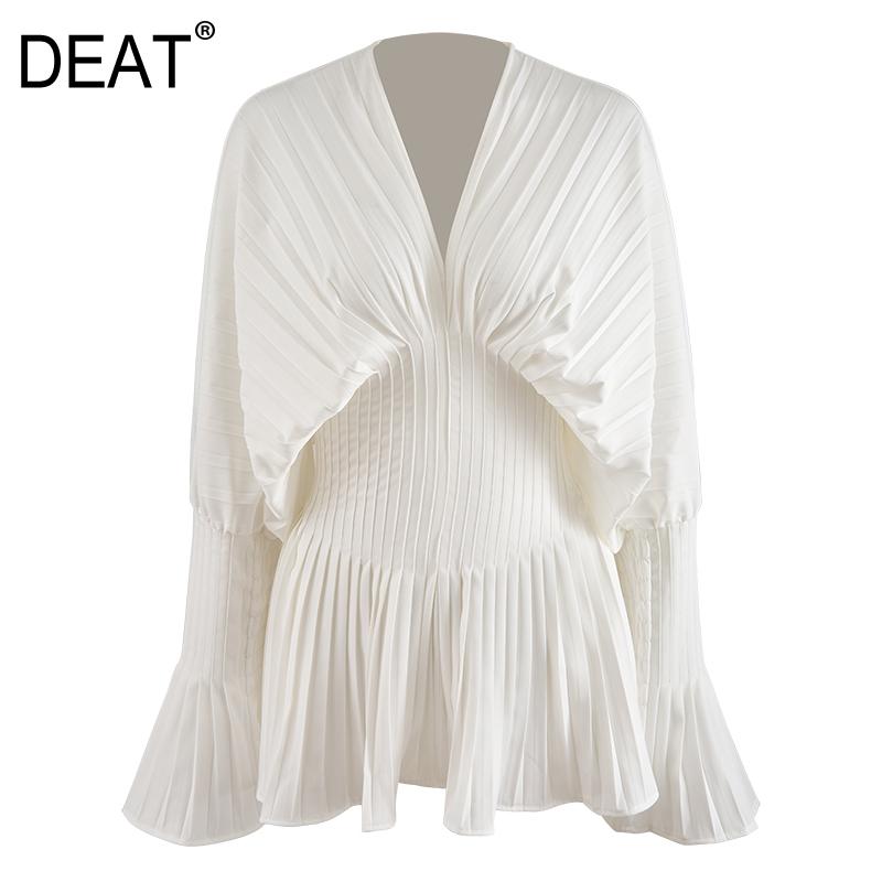 

DEAT 2021 NEW spring and autumn flare full sleeves pleated striped high waist V-neck quality shirt women's blouse WM51400, White