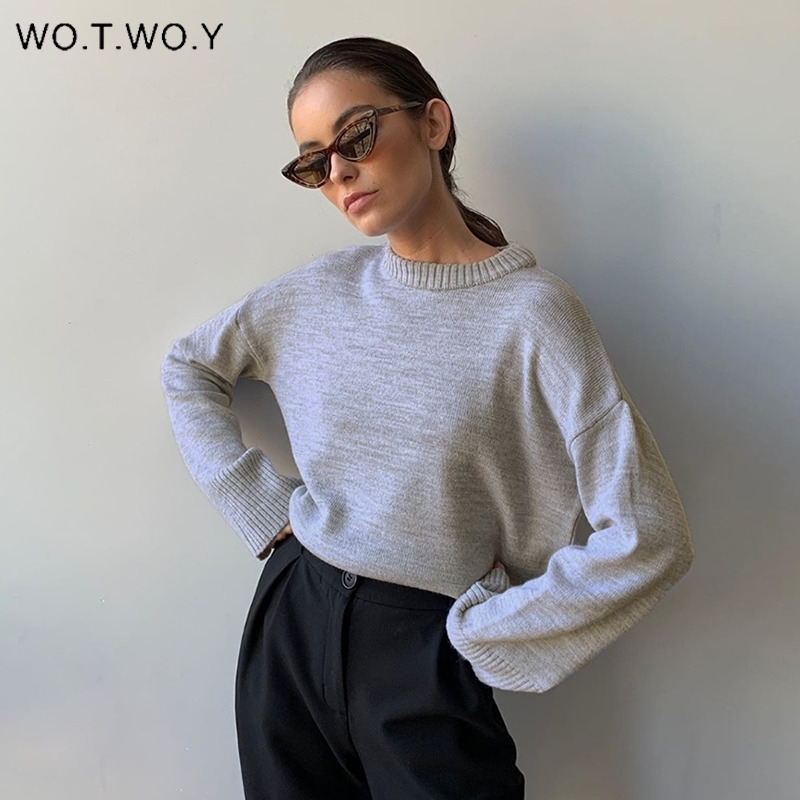 

WOTWOY Elegant Knitted Cashmere Sweater Women Solid Loose Knitwear Pullovers Women Long Sleeve Basic Sweaters Female Jumper 201111, S20116-white