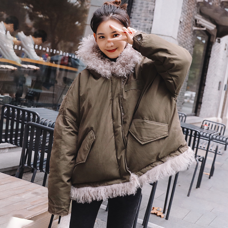 

2021 New Female Coat Winter New Thick Warm Lamb Lining Splice Loose Fashion Green Long Sleeve with Hood Zy108 Jacket 9gtb, Army green.