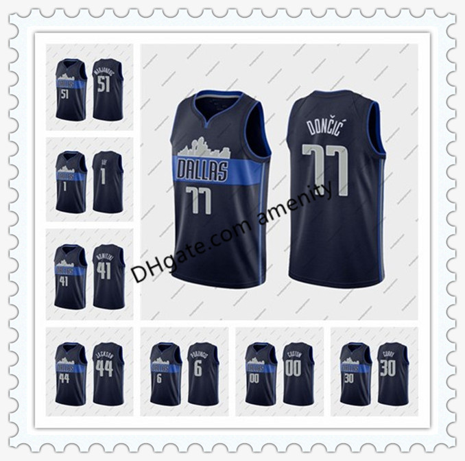 

men Mavericks Dallas Marjanovic 41 Nowitzki 6 Porzingis 77 Doncic navy Basketball Boban Dirk Kristaps Luka statement jersey, Black