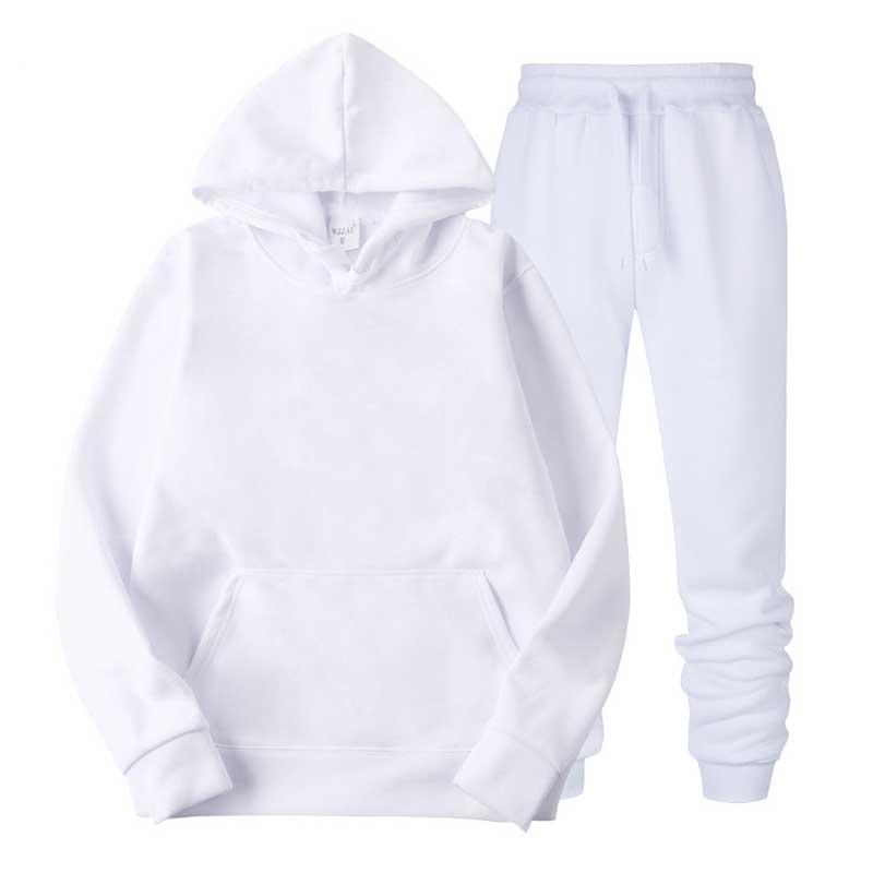

New Sport Suit Hoodie Solid Hooded Men Cotton Fall/Winter Warm Sweatshirt +Sweatpants Suits Men Casual Tracksuit Costume, White