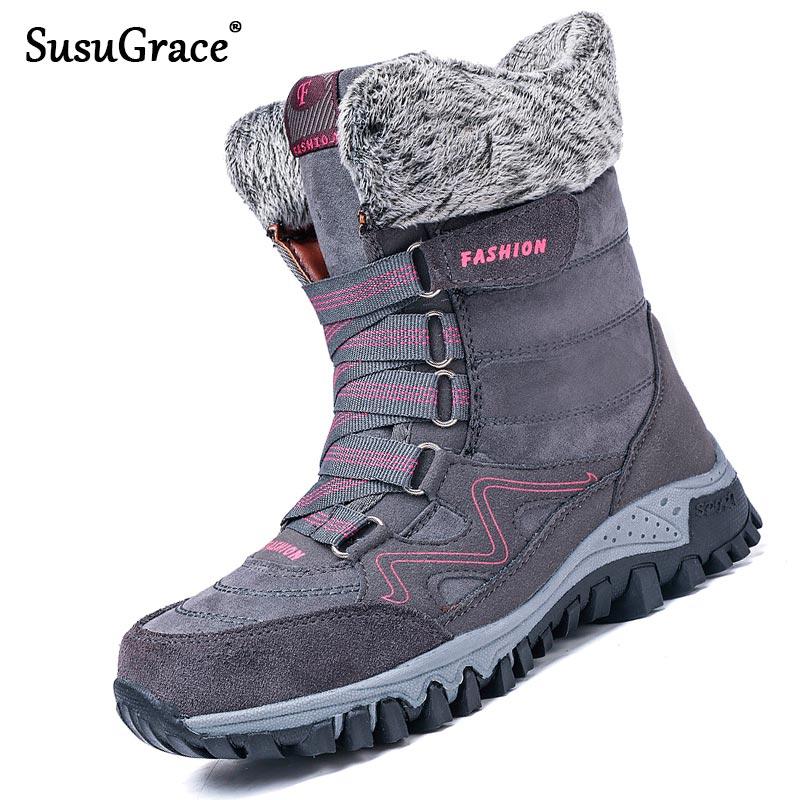 

SusuGrace Woman Casual Snow Boots Winter female Warm Plush Lining High-top Shoes Outdoor Lace-up Slip Resistant Botas de mujer, Black