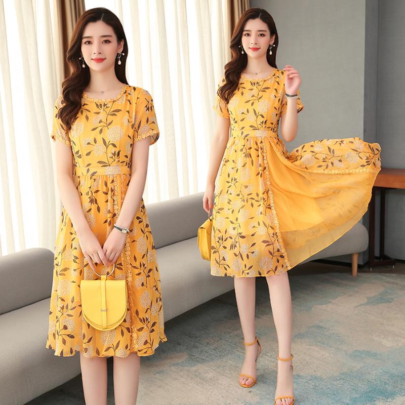 

2020 Vintage Yellow Floral Chiffon Midi Dresses Spring Summer Plus Size Print Runway Dress Elegant Women Bodycon Party Vestidos
