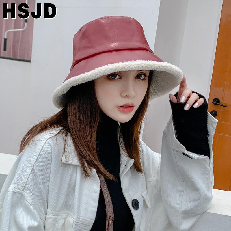 

Faux Leather Bucket Hats Thickened Warm Cashmere Lining Winter Hats For Women Korean Panama Fisherman Hat Wide Brim Fishing Cap, Black