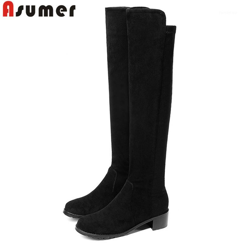

ASUMER 2020 autumn winter knee high boots women med heels boots cow leather+stretch fabric ladies black big size 34-431, Black 1 with fur