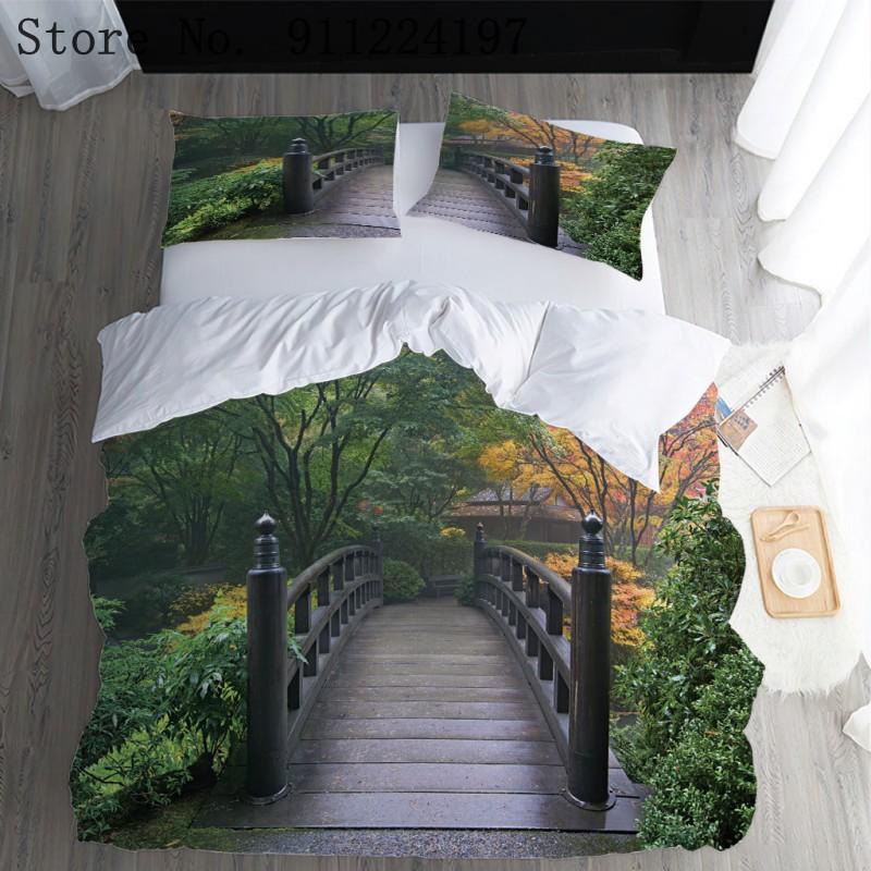

Garden Bridge Quilt Cover Microfiber Duvet Cover 240*220 Green Background Bed Sets Comforter Bedding Set For Adult Home Textile, Color-1