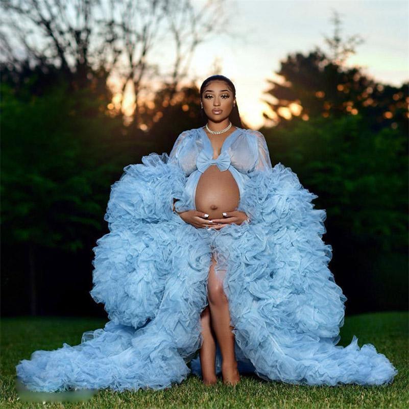 

Plus Size Full Sleeve Sleepwear Sky Blue Women Pregnant Party Nightgowns with Ruffles Undergarments Maternity Photoshoot Gowns