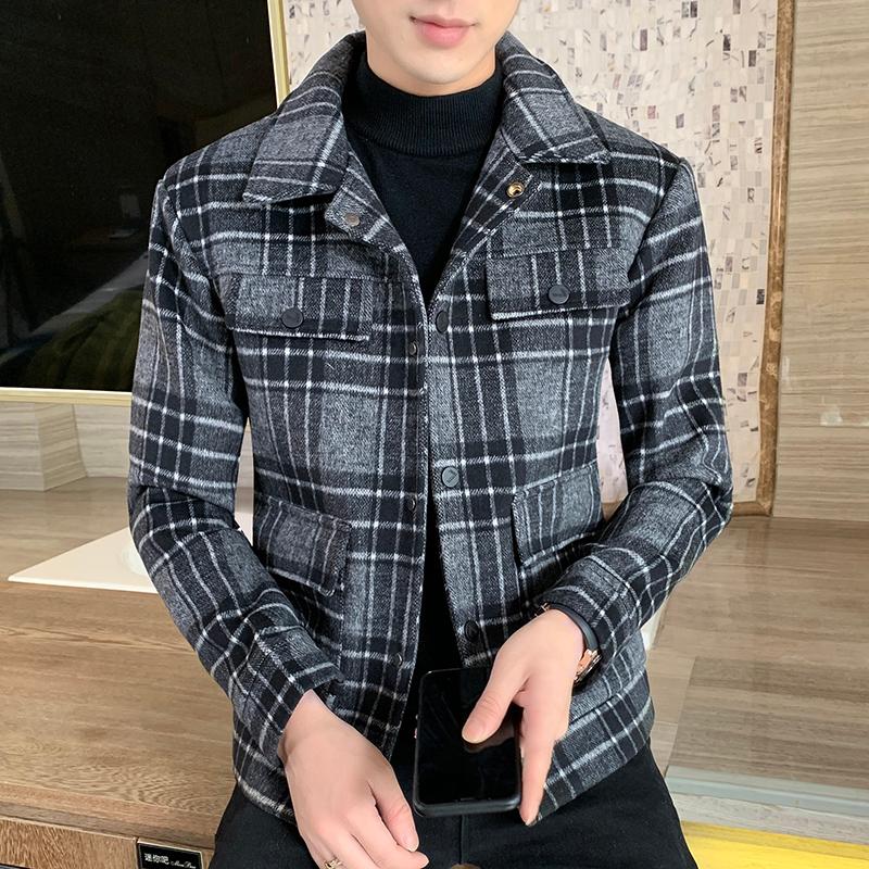 

2020 Autumn Winter Mens Wool Trench Jackets Classic Plaid Casual Slim Fit Coats Men Steetwear Windbreaker Outwear Tops Erkekler, Gray