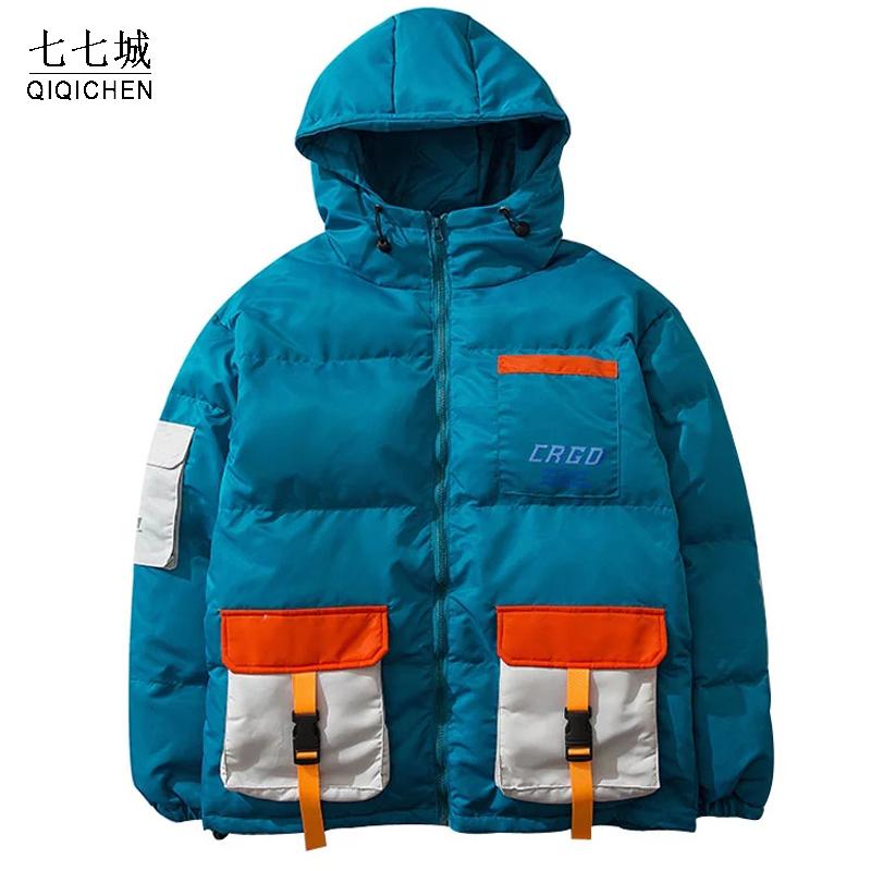 

Ribbon Pockets Color Block Parka Men Patchwork Hooded Puffer Parka Jackets Streetwear Hip Hop Cotton Padded Parkas Coat Outwear, Khaki