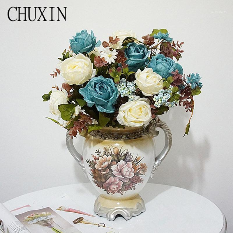 

Decorative Artificial Rose Peony Flower Bouquet European Silk Flowers Fake Leaf For Wedding Decoration Home Party Decor 7 heads1, Blue