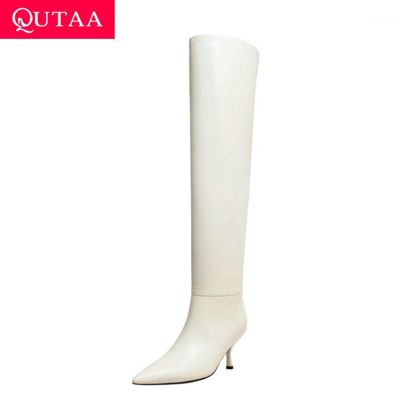 

QUTAA 2021 Thin Heel Knee High Boots Autumn Winter Pointed Toe Slip on Women Shoes Cow Leather Stretch PU Long Boots Size 34-391, Beige