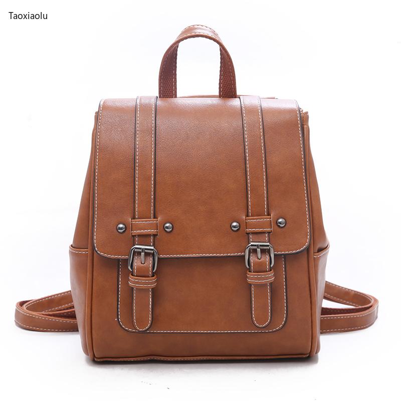 

Luxury Vintage Backpack Leather Women Fashion Solid Color Japan Style School Backpack Buckle Mochilas Female Bags Shoulder, Black