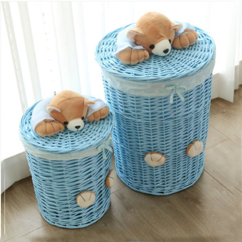 

Small & Large laundry basket organizer woven wicker baskets Round Laundry Hamper Sorter Storage Basket with Bear Head Lid cesta LJ201204
