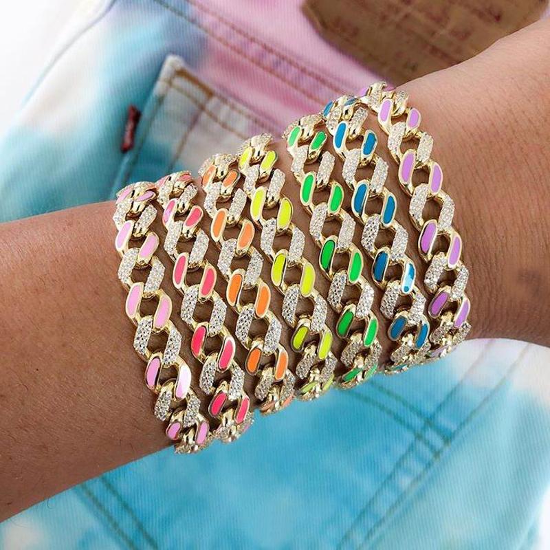 

Charm Bracelets 8mm Colorful Ename Rhinestonel Miami Curb Cuban Bracelet Women Hip Hop Jewelry Thick Gold Color CZ Link