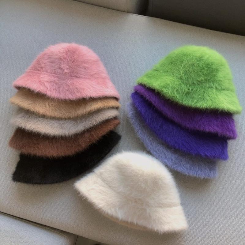 

Winter Spring Women Hat Solid Fur Hats Fisherman Bucket Cap Girl Retro Knitted Wool Basin Caps Lady Fashion Accessories, Green
