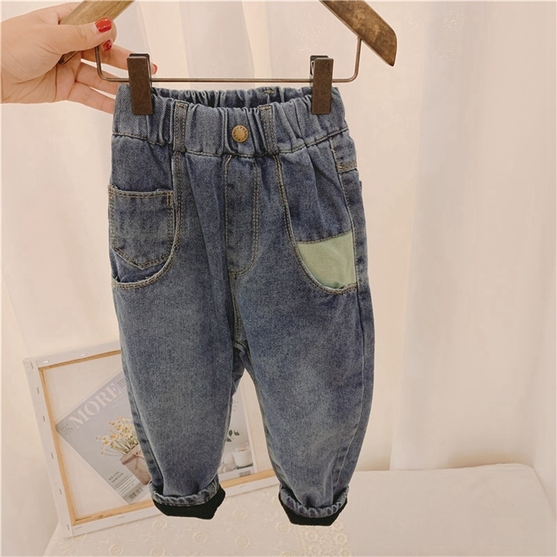 

New Winter Baby Girls Boys Kids Thicken Velvet Jeans Pants Warm Casual Trousers Children Denim Jeans Full Length Pant LJ201012, Red