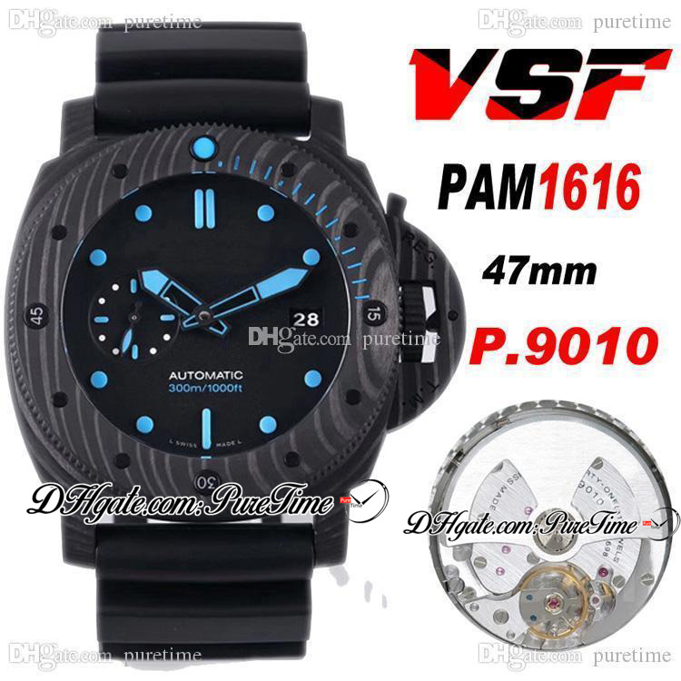 

VSF 47mm VS1616 P.9010 P9010 Automatic Mens Watch carbon Fiber Case Black Dial Blue Markers VS001616 Black Rubber Super Edition PTPM Puretime