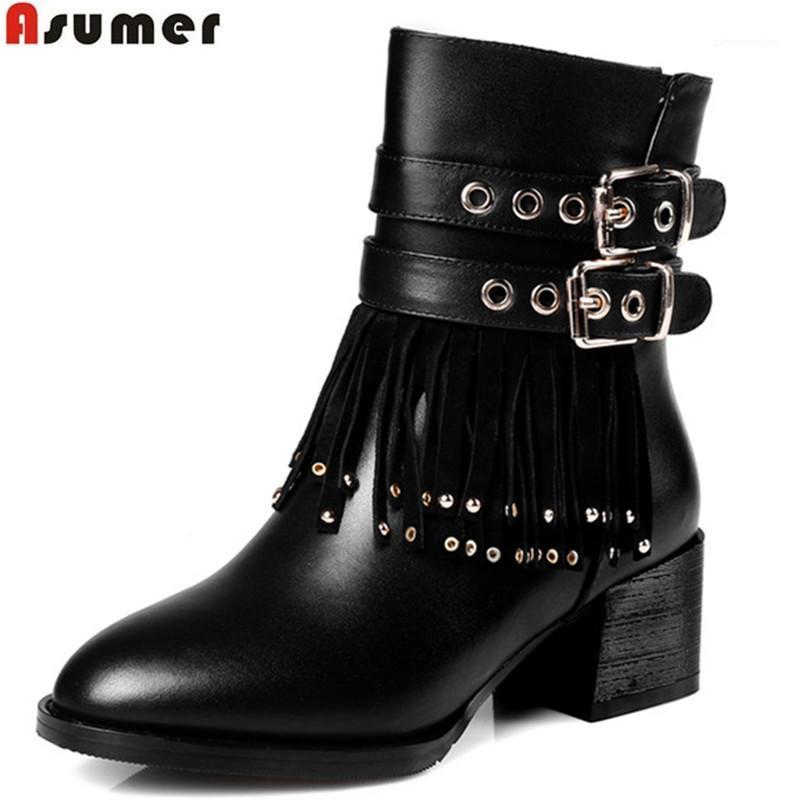 

ASUMER new arrive autumn winter women boots square heels zipper buckle genuine leather ankle boots fringe plus size 32-441, Black not fur