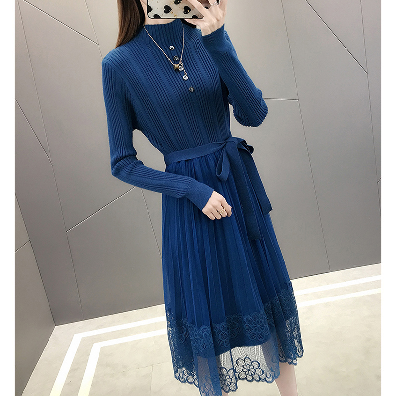 

Women Pullover Knit Lace Seams in Autumn Casual Fashion Fine Women' Nightgown Soft and Comfortable Dress R534 Gyxy, Blue