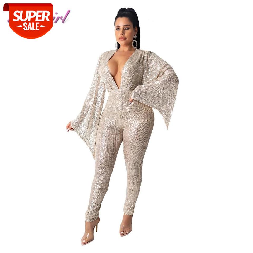 

Women Outfit Jumpsuit Sexy Sequins Flare Sleeve Bodycon Jumpsuit Autumn V Neck Bandage Party Club Rompers Streetwear Overalls #FH1a, Black;white