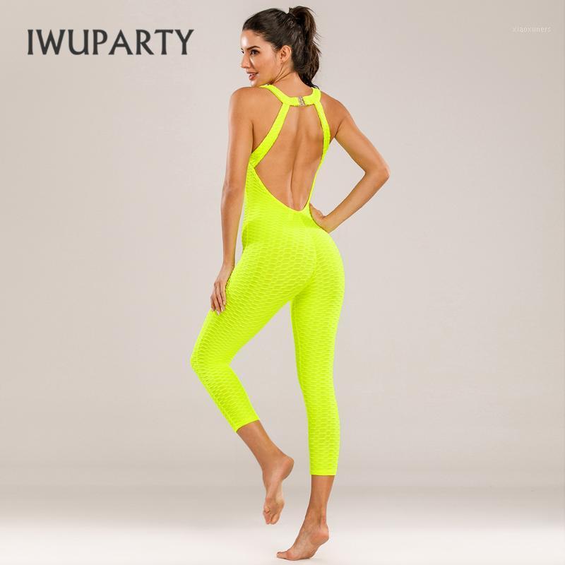 

IWUPARTY One Piece Jacquard Bubble Jumpsuit Sexy Backless Push Up Bodysuit Gym Workout Women Calf Knee Pants Fitness Rompers1, Lake blue