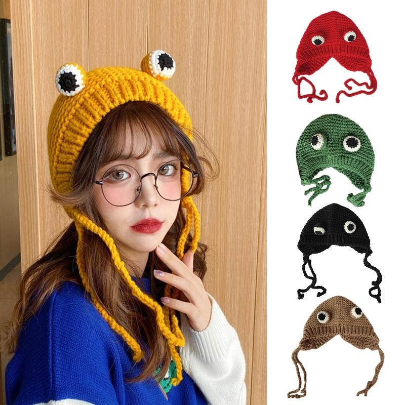 

Women Winter Chunky Cable Knitted Earflap Hat Cute Cartoon Animal Frog Eyes Solid Outdoor Windproof Skullies Beanie Cap Ear Warm, Black