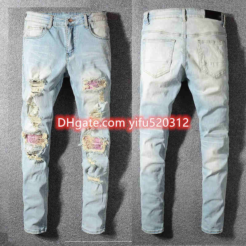 

21ss Wholesale-Mens Ripped Skinny Straight Slim Elastic Denim Fit Biker Jeans Pants Long Pants Stylish Straight Slim Fit Jeans 28-38, Blue